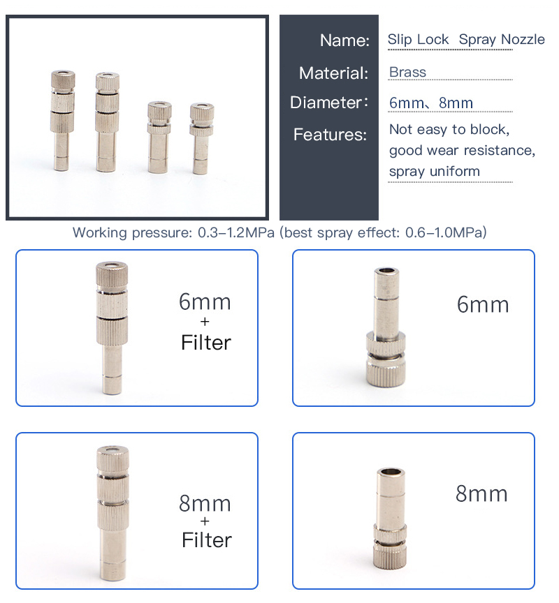 Boquilla antiniebla de ajuste rápido de baja presión de 6 mm / 8 mm con filtro